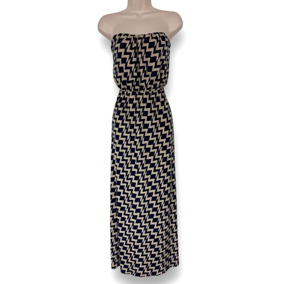 Size Medium NEW NAVY BLUE/TAN GEOMETRIC PRINT STRAPLESS BLOUSON MAXI DRESS - Picture 3 of 6